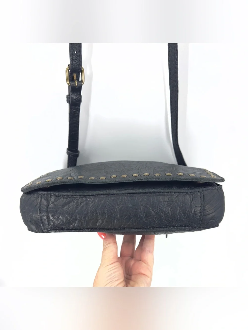 American Leather Co Tooled Leather Crossbody Purse Studded Boho Classic Flap Bag